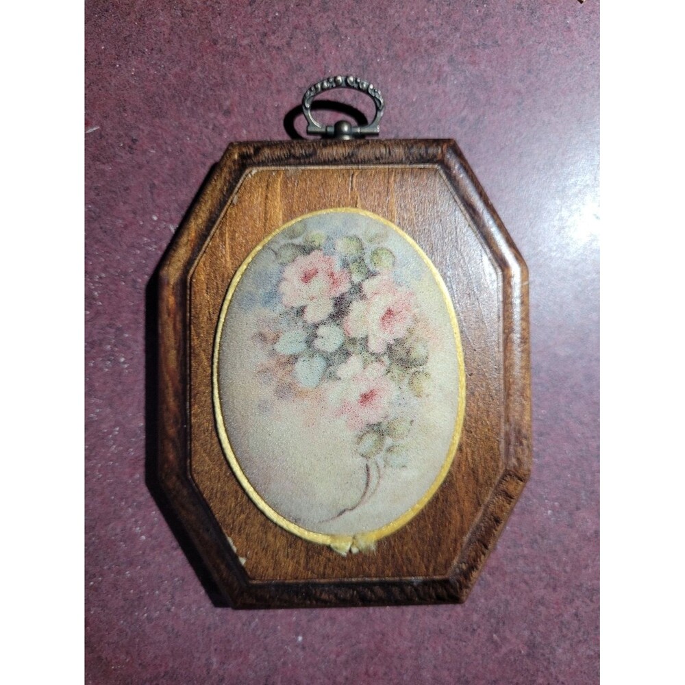 Kitschy Floral Wood Plaque Wall hanging Decor Domed glass Mid-Century Farmhouse